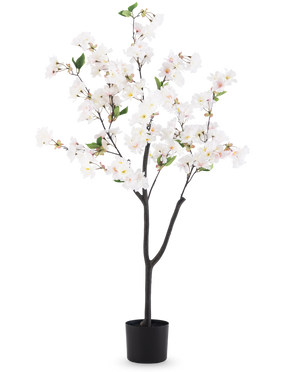 Den kunstige kirsebærblomst 120 cm hvid er et kunstigt træ i en krukke med mørkebrune grene, grønne blade og klaser af hvide blomstrende blomster mod en almindelig hvid baggrund.