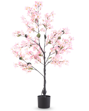Artificial Bougainvillea 120 cm pink er et kunstigt træ i en potte med grønne blade og levende lyserøde blomster, afbildet mod en almindelig hvid baggrund.