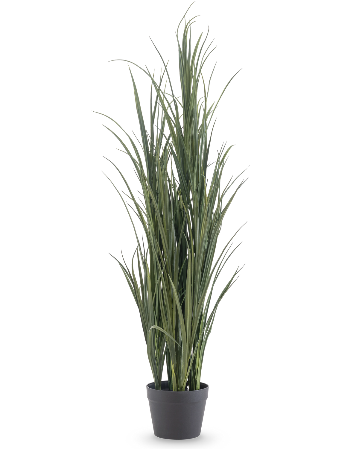 Artificial Grass Green UV 120cm er en høj kunstgræsplante med lange, slanke grønne blade i en enkel sort potte, mod en almindelig hvid baggrund.