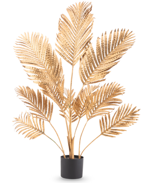 Artificial Palm Areca guld 120 cm har metalliske guld palmeblade i en sort potte, mod en almindelig hvid baggrund.