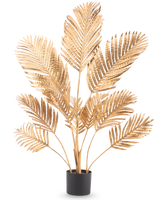 Artificial Palm Areca guld 120 cm har metalliske guld palmeblade i en sort potte, mod en almindelig hvid baggrund.