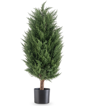 Artificial Plant Conifer deluxe UV 90 cm er en frodig, grøn kunstig stedsegrøn plante med tæt løv i en sort potte - en vedligeholdelsesfri plante, der forbliver levende i ethvert miljø.