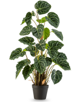En kunstig plante Anthurium 90 cm grøn med frodige, hjerteformede grønne blade og slående hvide årer, mod en almindelig hvid baggrund.