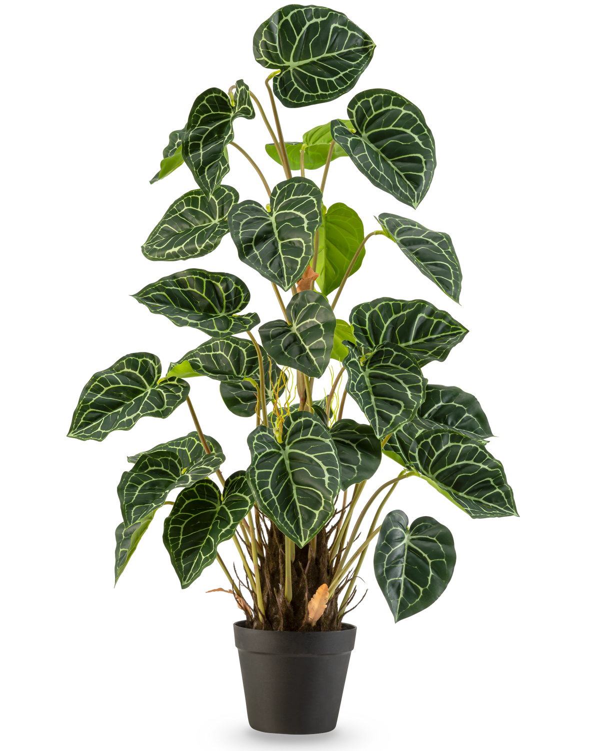 En kunstig plante Anthurium 90 cm grøn med frodige, hjerteformede grønne blade og slående hvide årer, mod en almindelig hvid baggrund.