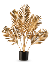 Artificial Palm Areca guld 80 cm er en dekorativ potteplante med metalliske guld palmeblade i en sort potte, mod en almindelig hvid baggrund.