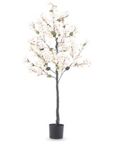 Den kunstige bougainvillea 150 cm hvid er et højt kunstigt træ med hvide blomsterlys og grønne blade, i en sort cylindrisk potte mod en almindelig hvid baggrund.
