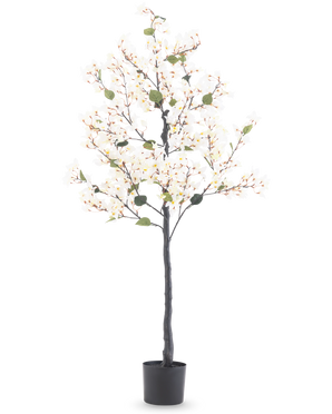 Den kunstige bougainvillea 150 cm hvid er et højt kunstigt træ med hvide blomsterlys og grønne blade, i en sort cylindrisk potte mod en almindelig hvid baggrund.