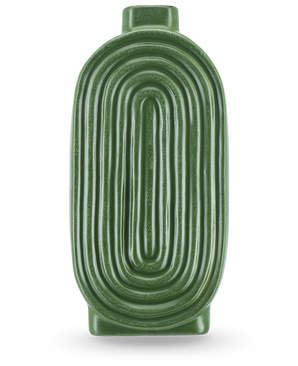 Vasen Breaths 24 cm grøn har en oval, ribbet form og en lille åbning i toppen, ideel som en keramisk vase til kunstige blomster. Står oprejst på en lys baggrund.