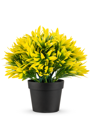 Den kunstige plante Gul sol i potte UV 22 cm har en sort urtepotte med en tæt, kunstig plante med spidse gule og grønne blade, perfekt til at pifte ethvert rum op.
