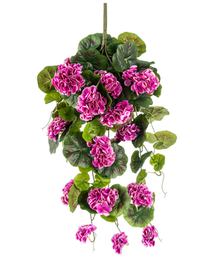 The Artificial Hanging Plant Geranium 75 cm lilla har frodige grønne blade og klaser af levende lilla-magenta blomster med hvide kanter, som yndefuldt falder ned af en lodret stilk for en smuk hængende skærm.