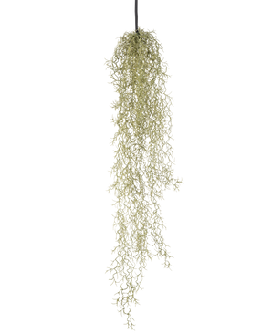 En kunstig hængeplante Græs 91 cm med lange, slæbende lysegrønne blade hænger fra en sort snor mod en almindelig hvid baggrund.