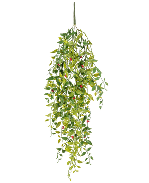 Den kunstige hængeplante Gardenia med bær 81 cm er en kunstig hængeplante med grønne blade og små røde bær, afbildet på en hvid baggrund.