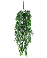 Den kunstige hængeplante Eucalyptus UV 80 cm har tætte, cascading grønne blade og en synlig stilk i toppen, mod en almindelig hvid baggrund.