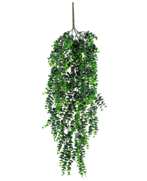 Den kunstige hængeplante Eucalyptus UV 80 cm har tætte, cascading grønne blade og en synlig stilk i toppen, mod en almindelig hvid baggrund.