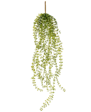 Den kunstige hængeplante Jasmin 63 cm er en kunstig hængeplante med lange, hængende stængler af små, runde grønne blade, hængende fra en enkelt brun stængel mod en hvid baggrund.