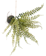 Artificial Hanging Plant Fern Ball 45 cm har efterslæbende grønne bregne-lignende blade og hænger på en snor, perfekt til udstilling mod en hvid baggrund.