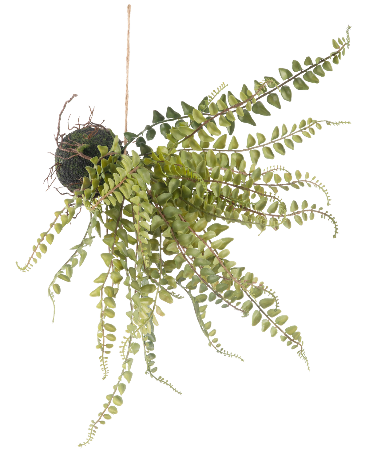 Artificial Hanging Plant Fern Ball 45 cm har efterslæbende grønne bregne-lignende blade og hænger på en snor, perfekt til udstilling mod en hvid baggrund.
