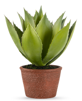 Den kunstige planteagave 25 cm har tykke, spidse grønne blade i en rødbrun krukke med tekstur, mod en almindelig hvid baggrund.