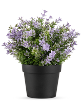 Kunstplanten Buxus lilla UV 22 cm har en sort urtepotte med en frodig kunstplante med små lyslilla blomster og grønne blade mod en almindelig hvid baggrund.