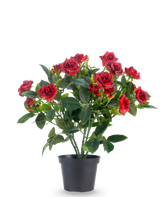 En Artificial Plant Patio Rose 35 cm i rød/sort har livlige røde kunstige roser med frodige grønne blade i en sort potte, mod en almindelig hvid baggrund.