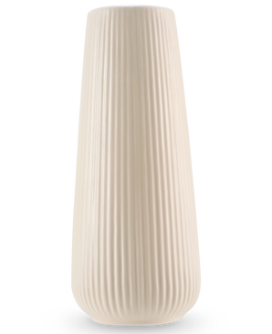 Vase Dust 20 cm beige er en høj, råhvid keramikvase med en glat mat finish og lodrette ribber. Det moderne, let tilspidsede design gør den perfekt som vase til kunstige blomster.