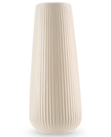 Vase Dust 20 cm beige er en høj, råhvid keramikvase med en glat mat finish og lodrette ribber. Det moderne, let tilspidsede design gør den perfekt som vase til kunstige blomster.