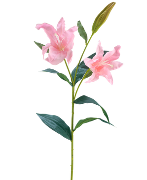 Artificial Flower Lily Real Touch pink 95 cm har en enkelt grøn stilk med to blomstrende lyserøde liljer og en lukket knop, omgivet af lange, spidse grønne blade, mod en hvid baggrund.