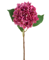 En lilla-rød kunstig hortensia Real Touch-blomst med grønne blade, 58 cm høj.