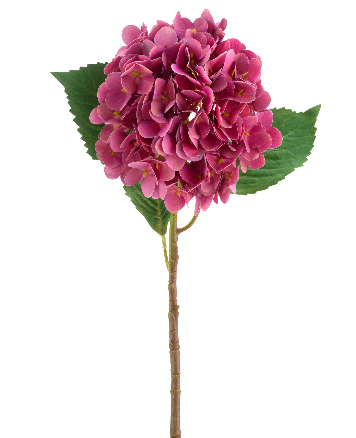 En lilla-rød kunstig hortensia Real Touch-blomst med grønne blade, 58 cm høj.
