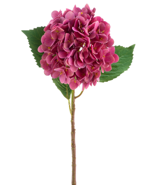 En lilla-rød kunstig hortensia Real Touch-blomst med grønne blade, 58 cm høj.