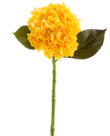 Den kunstige blomst Charlotte Hortensia Real Touch i gul, 55 cm, er en enkelt kunstig hortensiablomst med grønne blade og en lang stilk, mod en hvid baggrund.