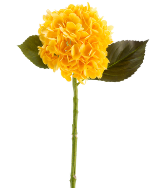 Den kunstige blomst Charlotte Hortensia Real Touch i gul, 55 cm, er en enkelt kunstig hortensiablomst med grønne blade og en lang stilk, mod en hvid baggrund.