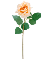 Den kunstige blomst Crystal touch fugtgivende rose Real Touch i champagne er en enkelt kunstig rose med grønne blade på en 43 cm lang, slank stilk, afbilledet mod en almindelig hvid baggrund.