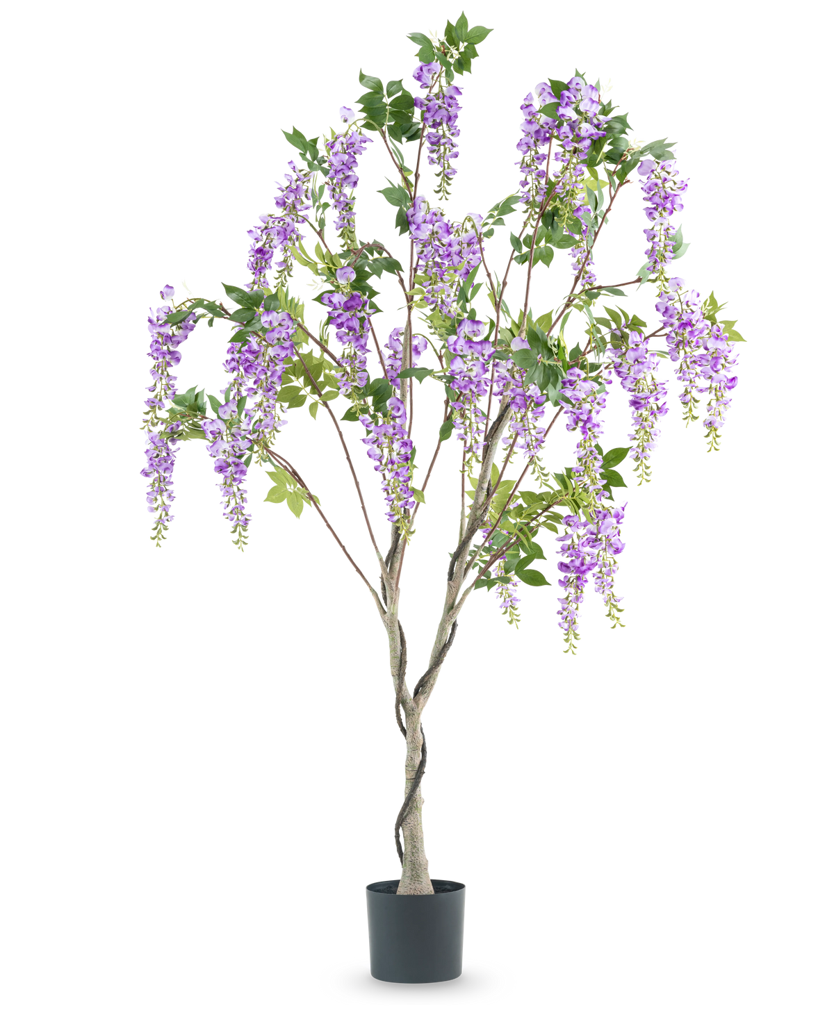 Artificial Wisteria 180 cm-planten har en snoet stamme med naturtro klaser af lilla blomster og grønne blade mod en hvid baggrund.