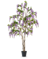 The Artificial Wisteria Plant 280 cm er et højt kunstigt blåregn træ i en sort potte, med flere slanke brune stammer og cascade lilla blomster med grønne blade, mod en almindelig hvid baggrund.