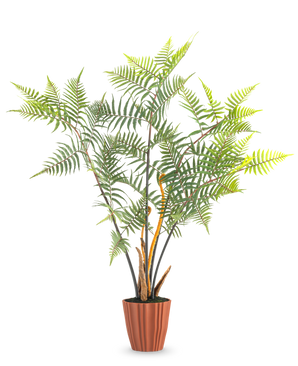 Artificial Fern Deluxe 117 cm er en høj kunstbregne med flere grønne blade og slanke stængler, som står i en brun ribbet potte mod en almindelig hvid baggrund.