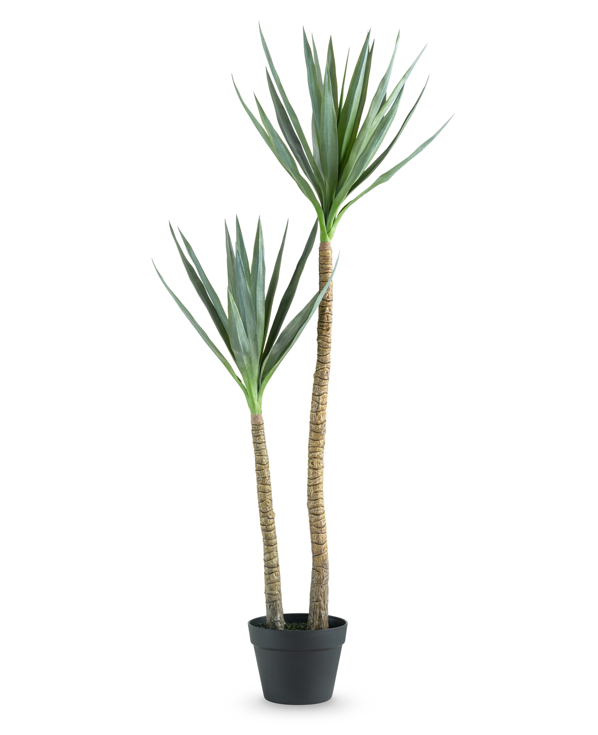 Den kunstige plante Heneken 120 cm er en kunstig yucca-plante med to høje, slanke stammer og spidse grønne blade mod en almindelig hvid baggrund.