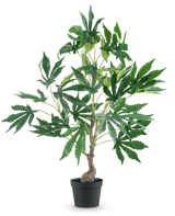 En kunstig plante Hamp Cannabis Blade på 60 cm, med en tynd stamme og flere grene fulde af store, finurlige grønne blade, mod en almindelig hvid baggrund.