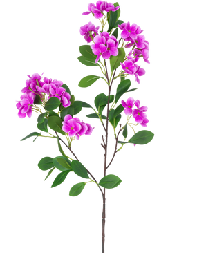 Artificial Flower Snowball Real Touch Purple 80 cm har en enkelt stilk med flere klaser af levende lilla blomster og frodige grønne blade, smukt præsenteret mod en hvid baggrund.