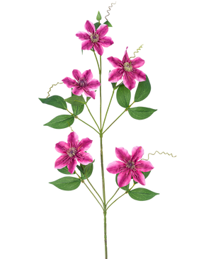 Den kunstige blomsterklematis dobbelt 78 cm lilla har fem stjerneformede, lilla dobbelte blomster med grønne blade og krøllede ranker på slanke stængler, mod en hvid baggrund.