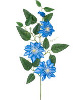 Den kunstige blomsterklematis stor 81 cm blå har en stilk med flere grønne blade og fire lysende blå klematisblomster, hver med et hvidt hjerte og spidse kronblade, mod en hvid baggrund.
