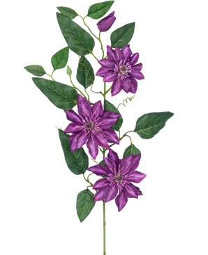 Den kunstige blomsterklematis stor 81 cm lilla har tre store lilla blomster, grønne blade, krøllede ranker og en lukket knop på en enkelt stilk mod en hvid baggrund.