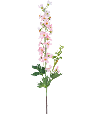 En enkelt kunstig blomst Delphinium 79 cm lys pink har flere små lys pink blomster og grønne blade, isoleret på en hvid baggrund.
