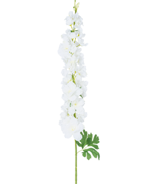 Kunstig blomst Delphinium 105 cm hvid: en enkelt lang stilk med flere hvide blomster og grønne blade, præsenteret mod en almindelig hvid baggrund.