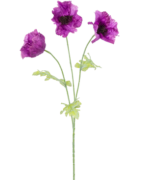 Den kunstige blomstervalmue 73 cm lilla har tre lilla kunstige valmueblomster med grønne stængler og blade, mod en almindelig hvid baggrund. De sarte, let krøllede kronblade tilføjer tekstur til arrangementet.