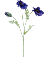 En botanisk illustration af den kunstige blomstervalmue 73 cm mørkeblå viser tre lysegrønne stængler - to med flæser af mørkeblå blomster og en med lukket knop mod hvid baggrund.