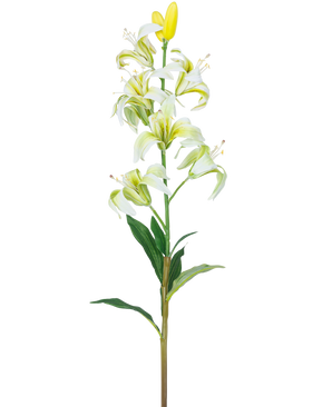 Artificial Flower Martagon Lily 78 cm hvid har en lang stilk med flere hvide liljeblomster og knopper, et gult hjerte og grønne blade, isoleret på en hvid baggrund.