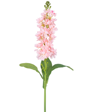 Artificial Flower Violier 78 cm pink er en enkelt lyserød kunstig blomst med flere små blomster langs den opretstående stilk og grønne blade, mod en hvid baggrund.