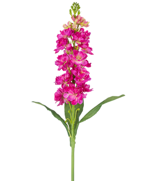 En enkelt Artificial Flower Violier 78 cm fuchsia med flere levende lyserøde blomster og grønne blade mod en almindelig hvid baggrund.