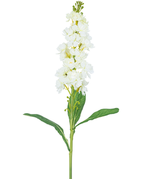 Artificial Flower Violier 78 cm hvid har en lang stilk med hvide blomster i bundter øverst og lange grønne blade, mod en almindelig hvid baggrund.